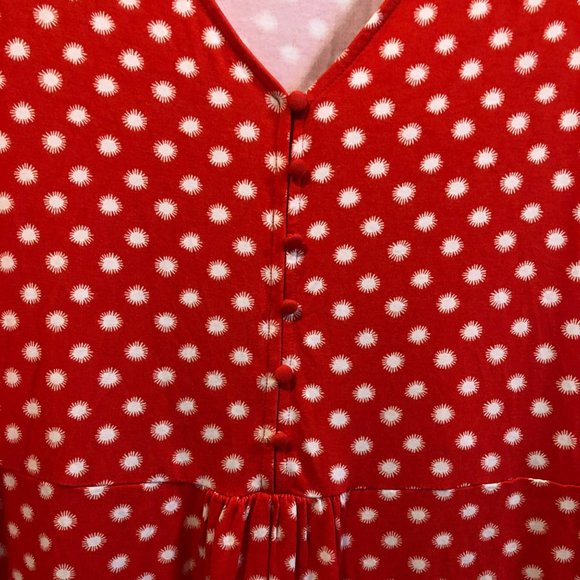 Boden Sz 18 V-Neck Midi Dress Red White Starburst A-Line 3/4 Bell Sleeve Flowy G - Picture 2 of 8